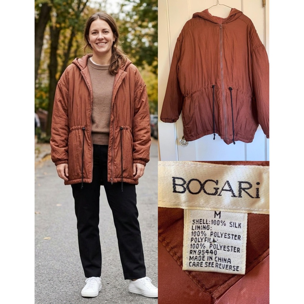 Bogari Vintage Silk Hooded Anorak Jacket Brown Full Zip Medium